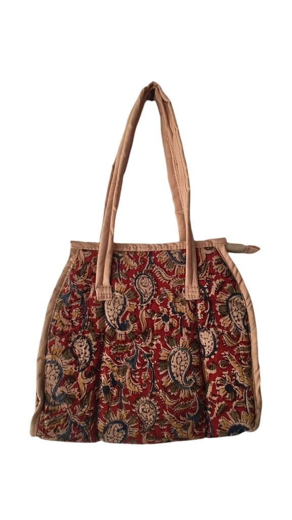 KALANKARI Handcrafted Red and Blue Paisley Print Cotton Tote Bag with Zipper Closure and Double Handles view 2