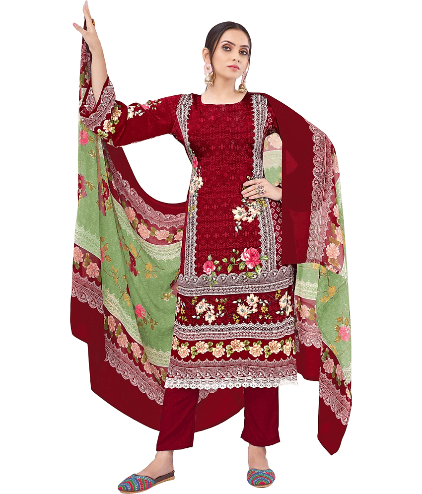Tendisha Unstitched Crepe Printed Dress Material - Red ( Pack of 1 )