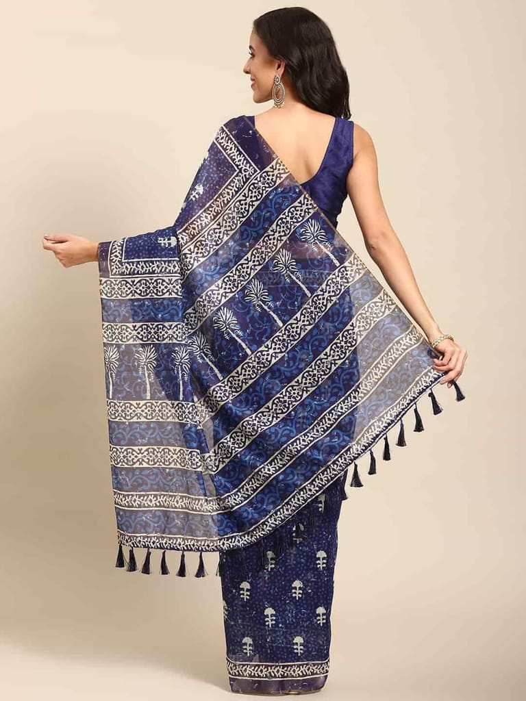 Women's Pure Cotton block print saree with unstiched blouse piece view 2