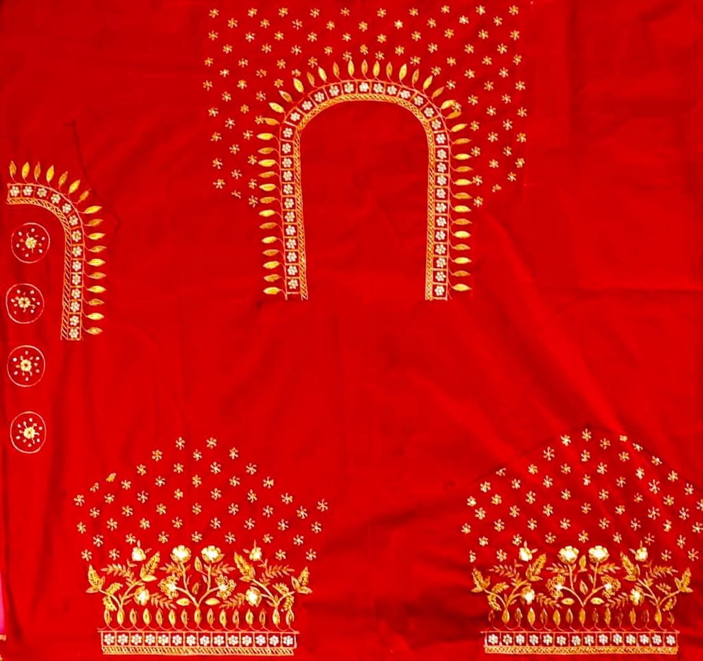 Red and gold embroidered blouse with intricate floral and leaf motifs, featuring a deep U-shaped neckline and pearl and sequin embellishments. view 2