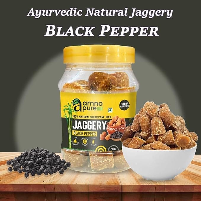 Amno Pure Natural Sugar Cane Jaggery 10G Cube with Black Pepper | Cholestrol free, Fat free, Full of Nutrients & 100% Natural - 500G Pet Jar view 2