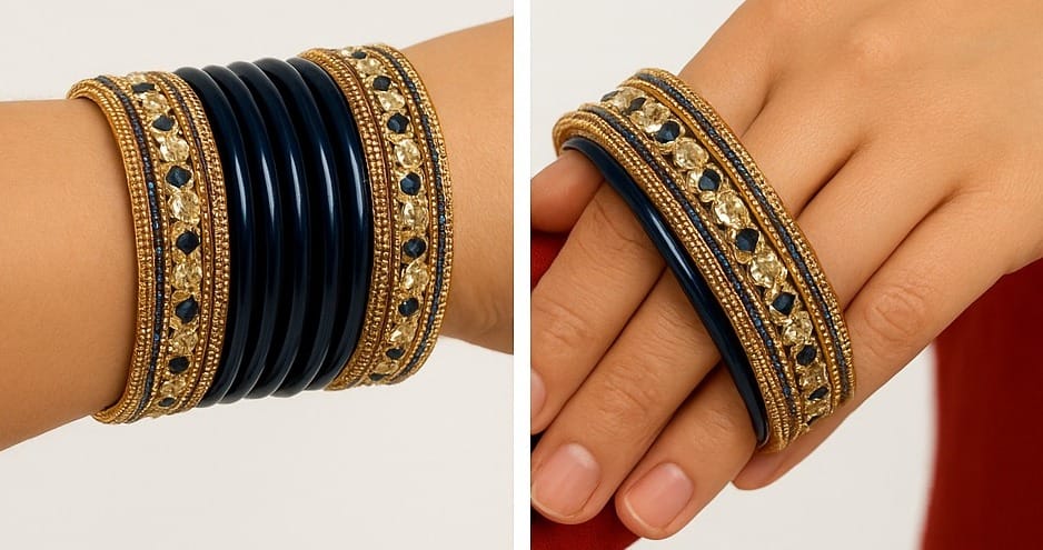 Blue and Gold Embellished Bangles Set: Lac-crafted Lahathi view 2