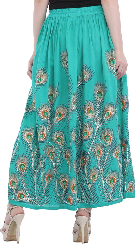 Sea-Green Long Skirt with Printed Peacock Feather and Embroidered Sequins view 2