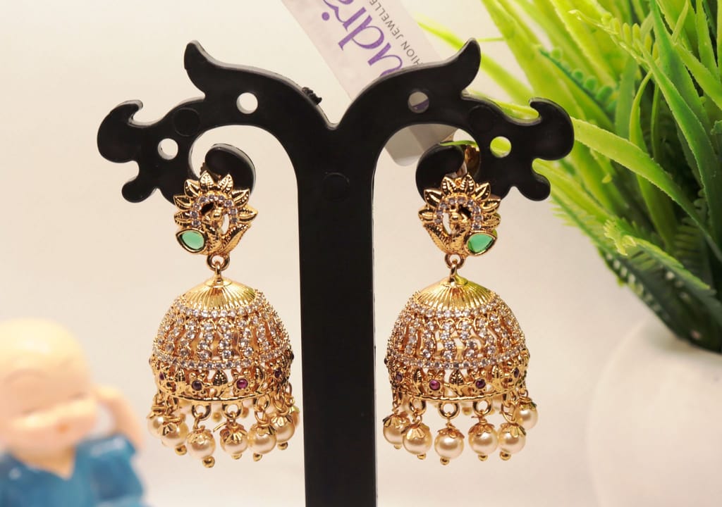 Stunning Pearl and Cubic Zirconia Jhumka Earrings in Gold Plated Alloy view 2