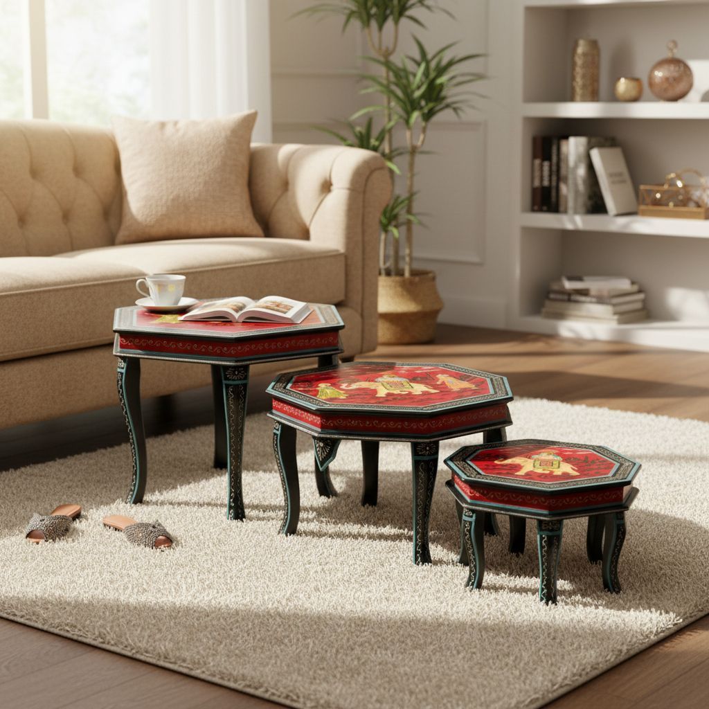 Beautiful Rajputi Culture Painted Wooden Chowki Set of 3 view 2