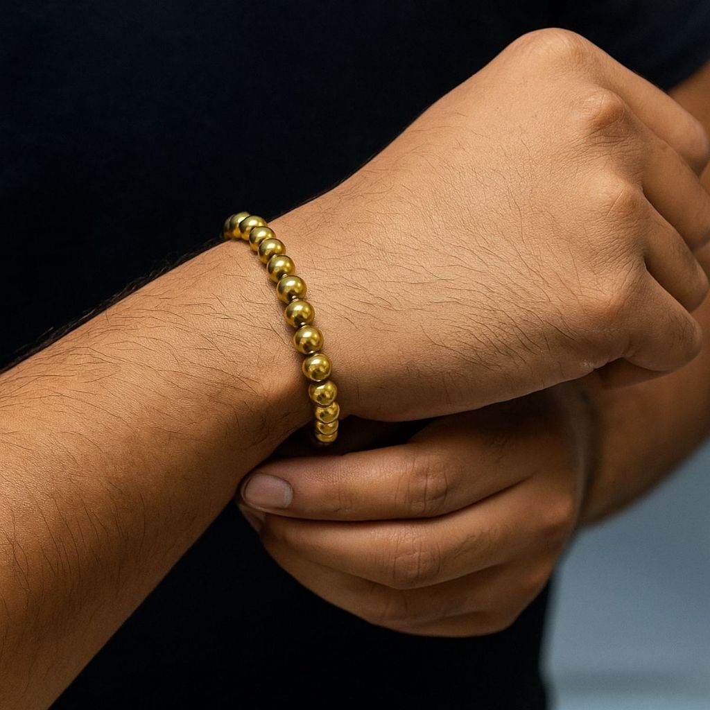 Golden Hematite Bracelet – Natural Stone Beaded Energy Bracelet for Men and Women, Adjustable Stretch Jewelry Gift view 2