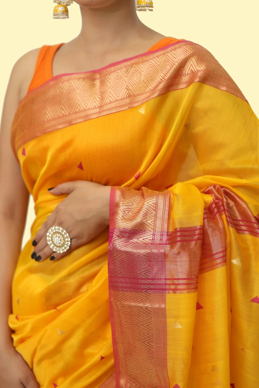 Classy Yellow Pink Choka Borcade handloom Saree with Tassels view 2