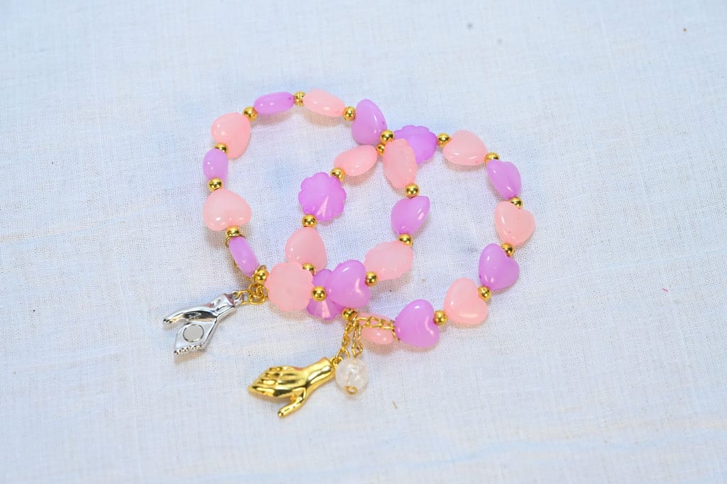 Beaded Charm Bracelet with Pink and Purple Heart Beads view 2