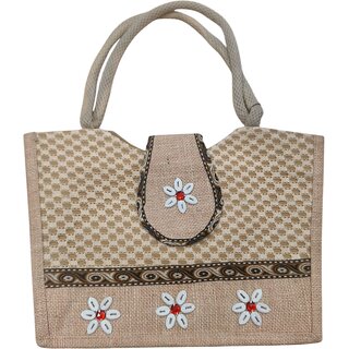 Handcrafted Eco-Friendly Jute Handbag with Shell Floral Work