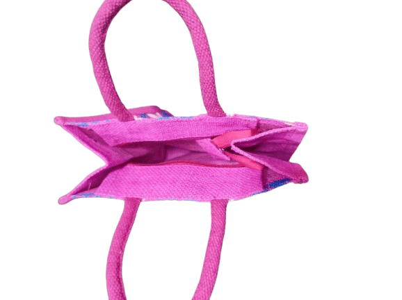 Pink and Blue Printed Jute Bag with Zipper and Handles view 2