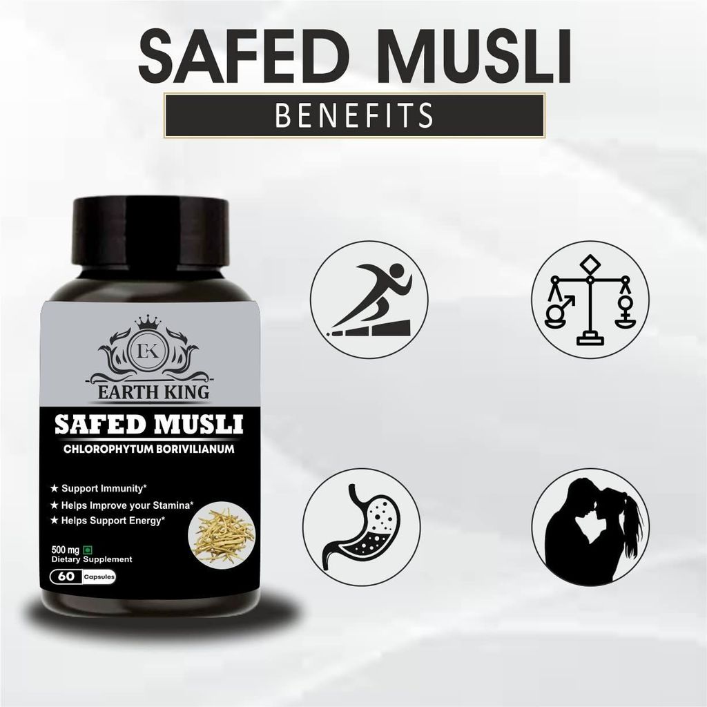 EARTH KING Safed Musli Extract Capsule (Chlorophytum Borivilianum) Supports Strength & Stamina � 500mg 60 Capsules (Pack of 2) view 2