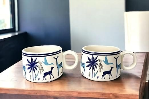 STOREPEDIA Handmade Stag Blue Ceramic Tea Coffee Cup Mug Set of 2 Microwave Dishwasher Safe Medium Size Chai Milk Cups for Home Office Gift Use 150 ml Multicolor view 2