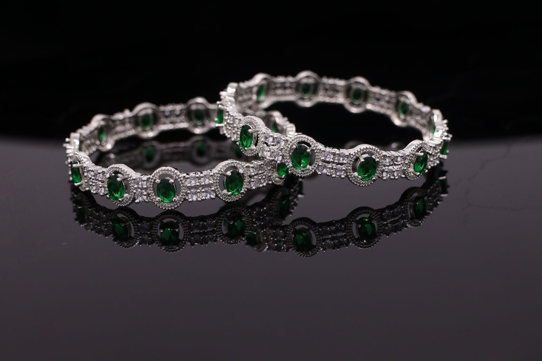 Rhodium Plated Green Emerald Cubic Zirconia Stone Bangle Set for Women