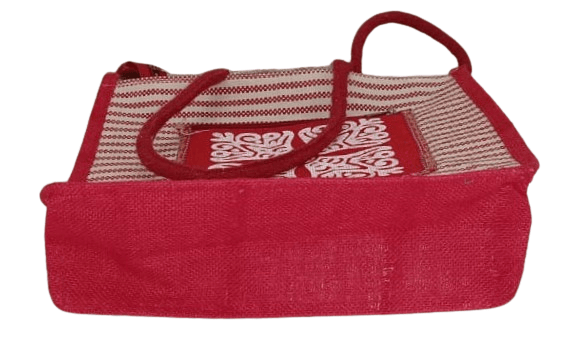 Red and White Striped Jute Tote Bag with Embroidered Flower view 2