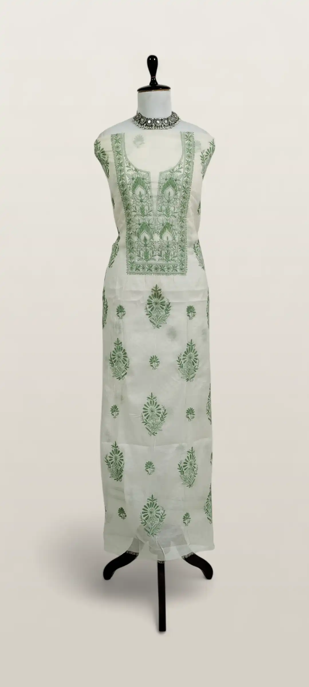 Chikankari Mul Chanderi Dress Material White Green Floral view 2