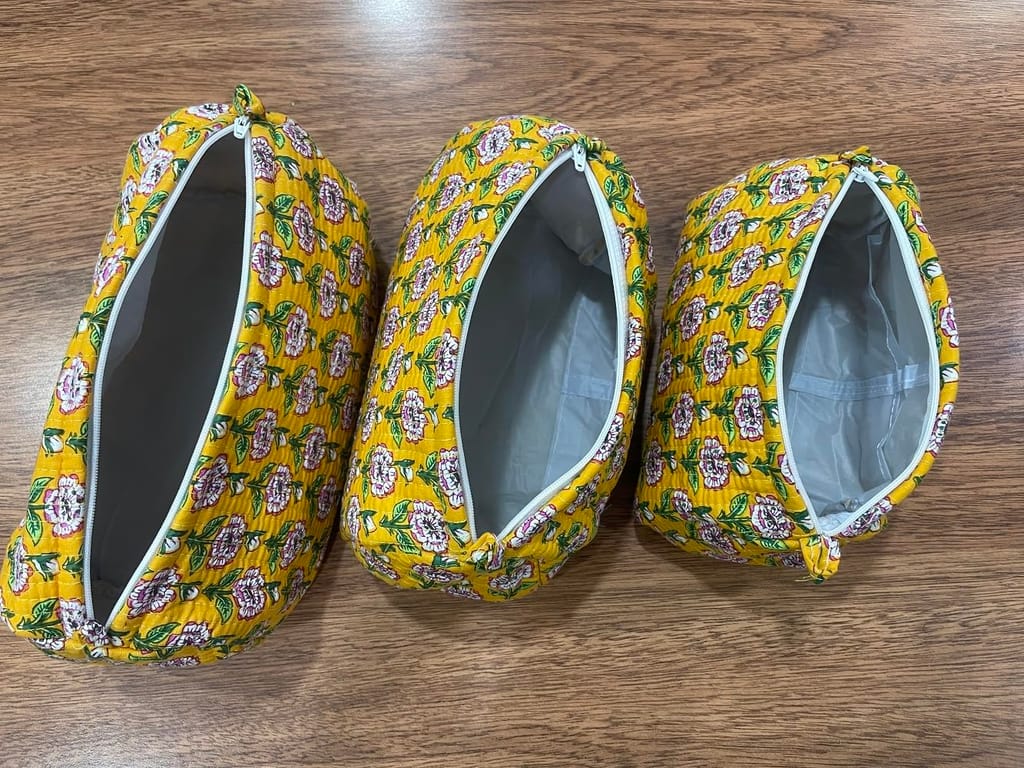 Quilted Cotton Cosmetic Pouches, Yellow Floral Print, Set of 3, Zipper Closure, Travel Organizer Bags view 2