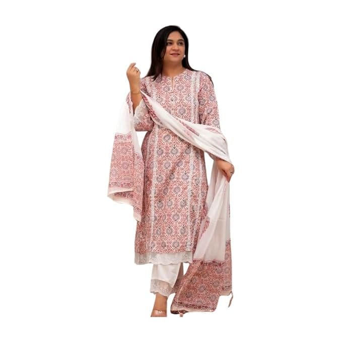 IndiVibes A-Line Suit Pure Cotton Printed A-Line Kurta with Pant and Duptta Set for Women & Girls(Pink) view 2
