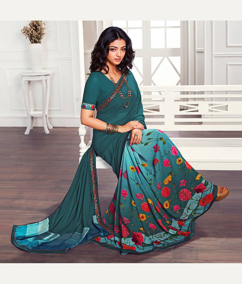 BLEESBURY Georgette Printed Saree With Unstitched Blouse Piece ( Navy Blue ) view 2