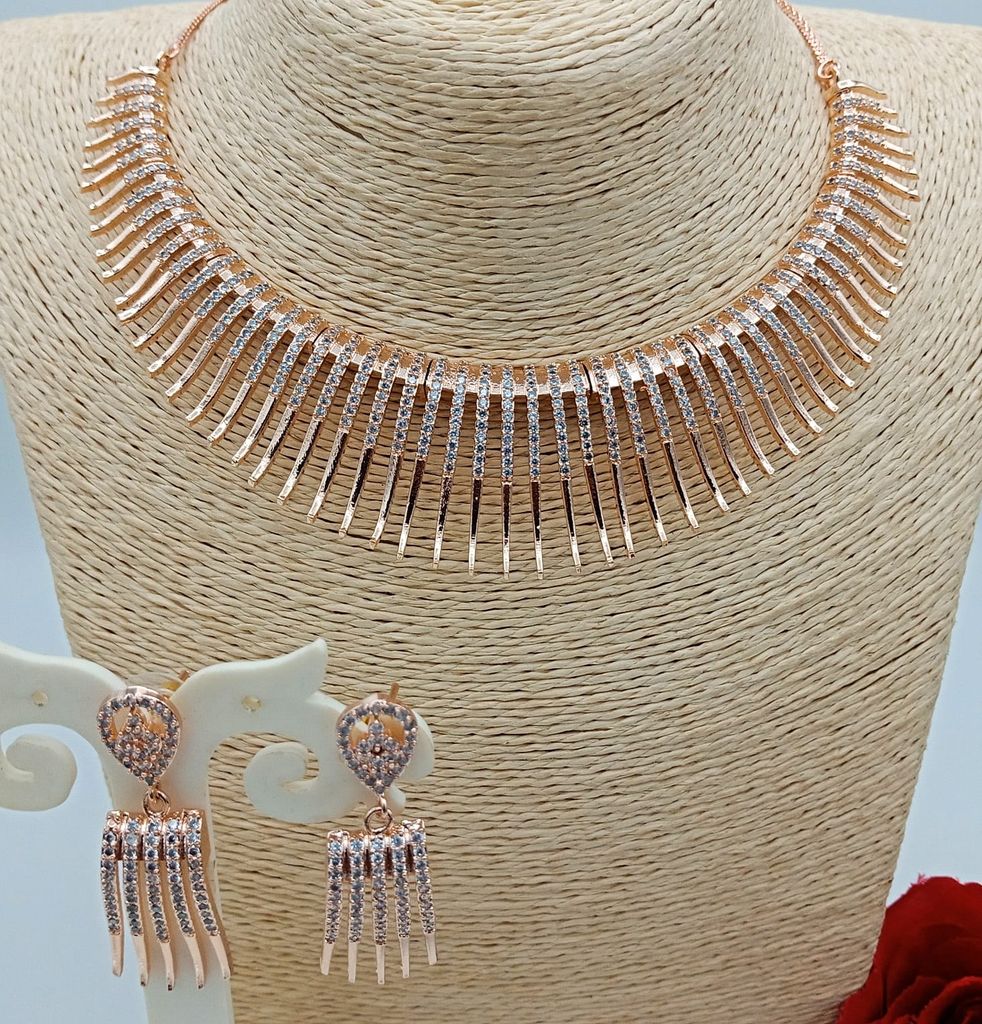 Rose plated American diamond jewellery necklace view 2