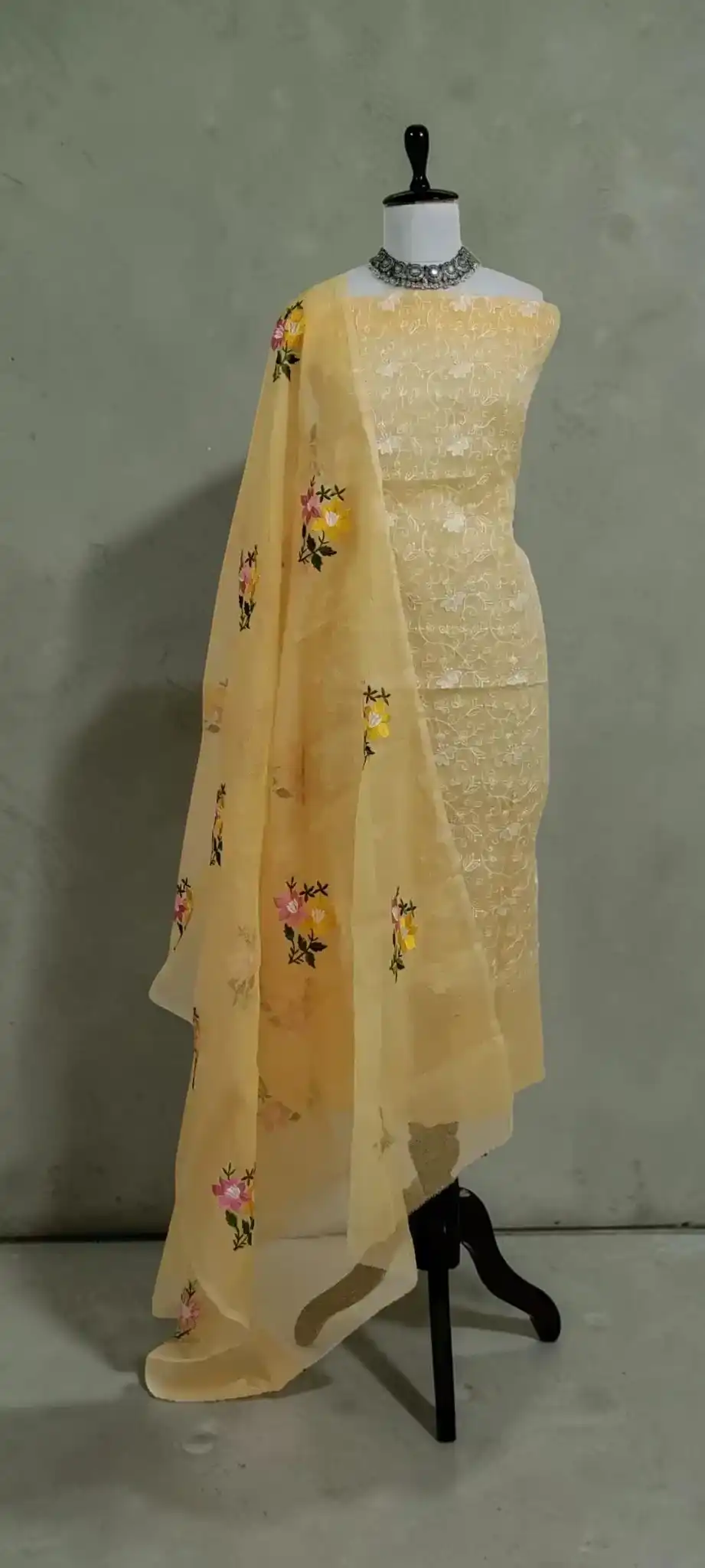 Kota Doria Cotton-Silk Dress Material with Hand Embroidery, Pale Biscuit