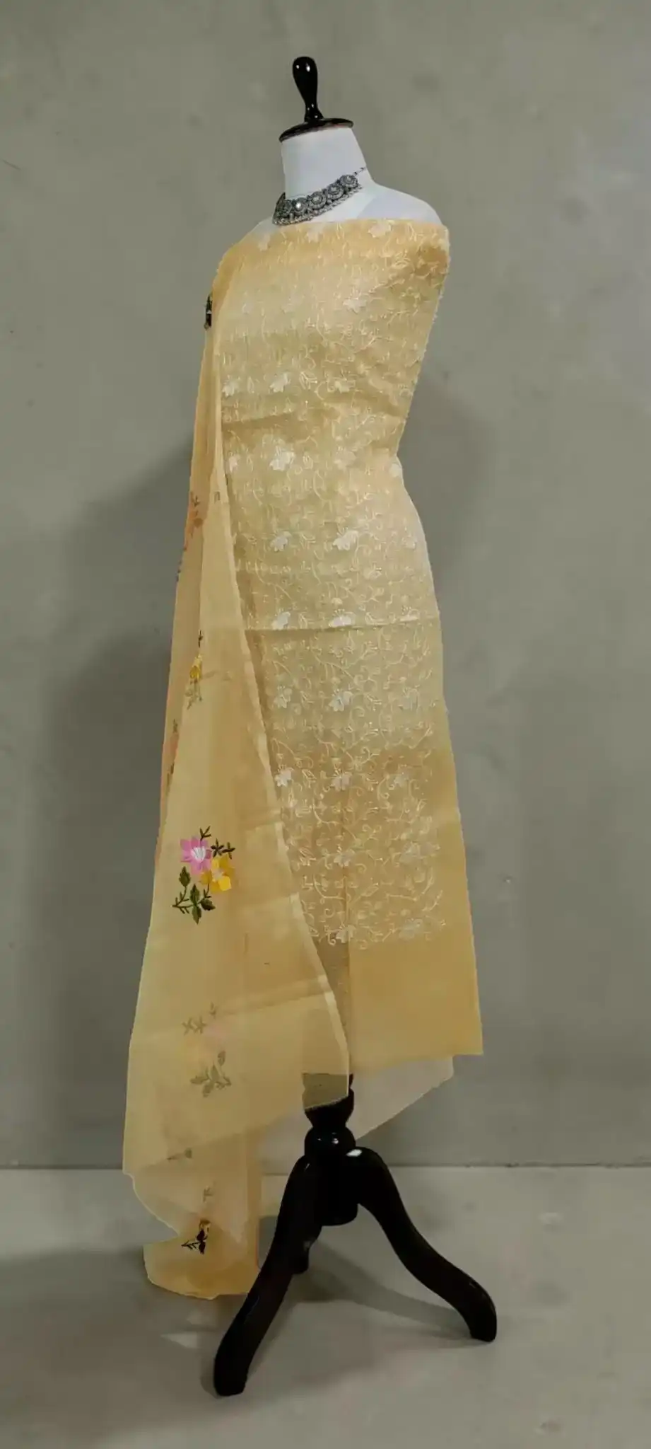 Kota Doria Cotton-Silk Dress Material with Hand Embroidery, Pale Biscuit view 2