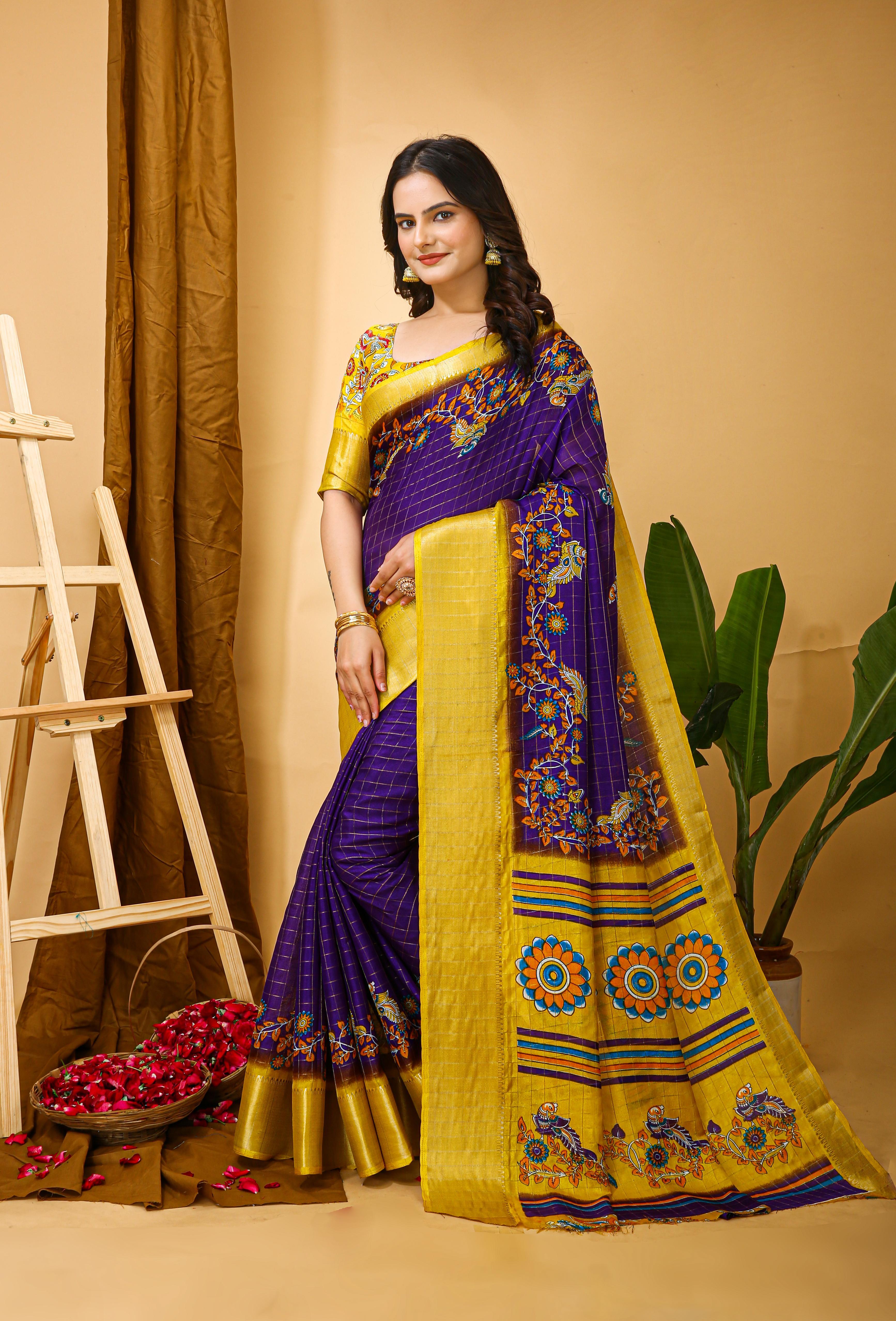 Kalamkari Print Dola Silk Saree view 2