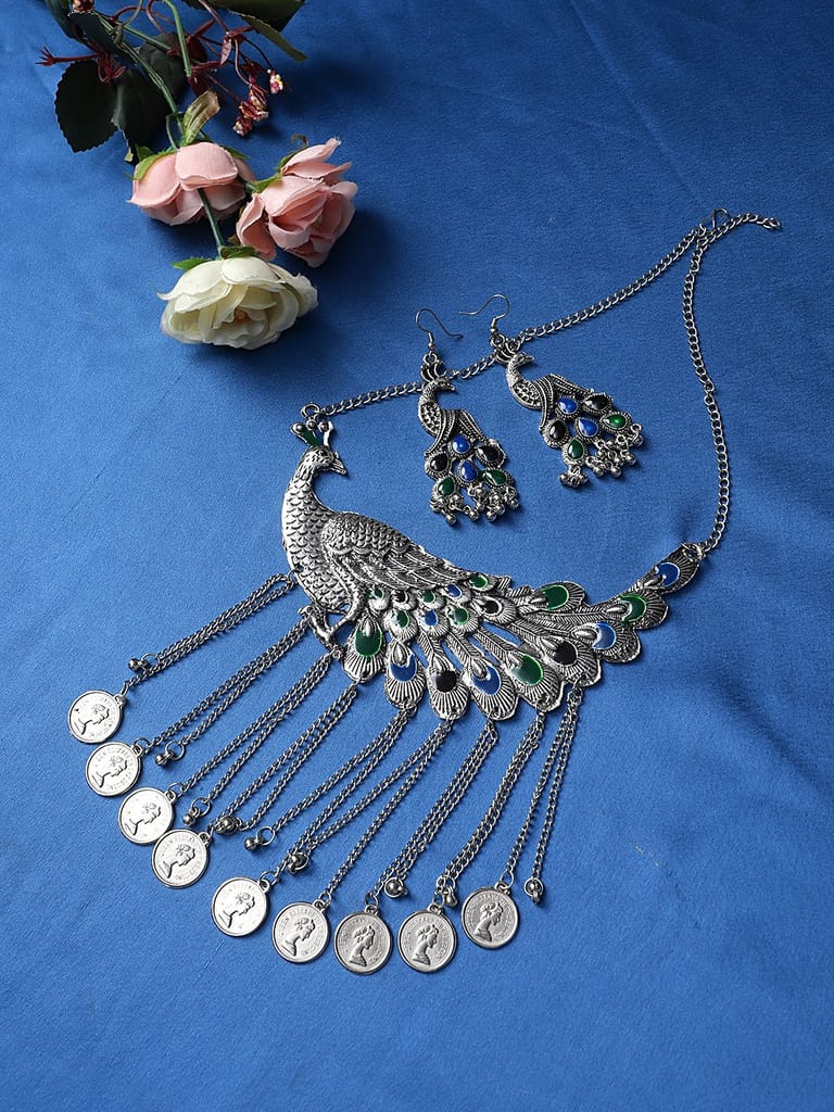 Oxidized Silver Color Multicolor Minakari Peacock Design Choker Necklace Set view 2