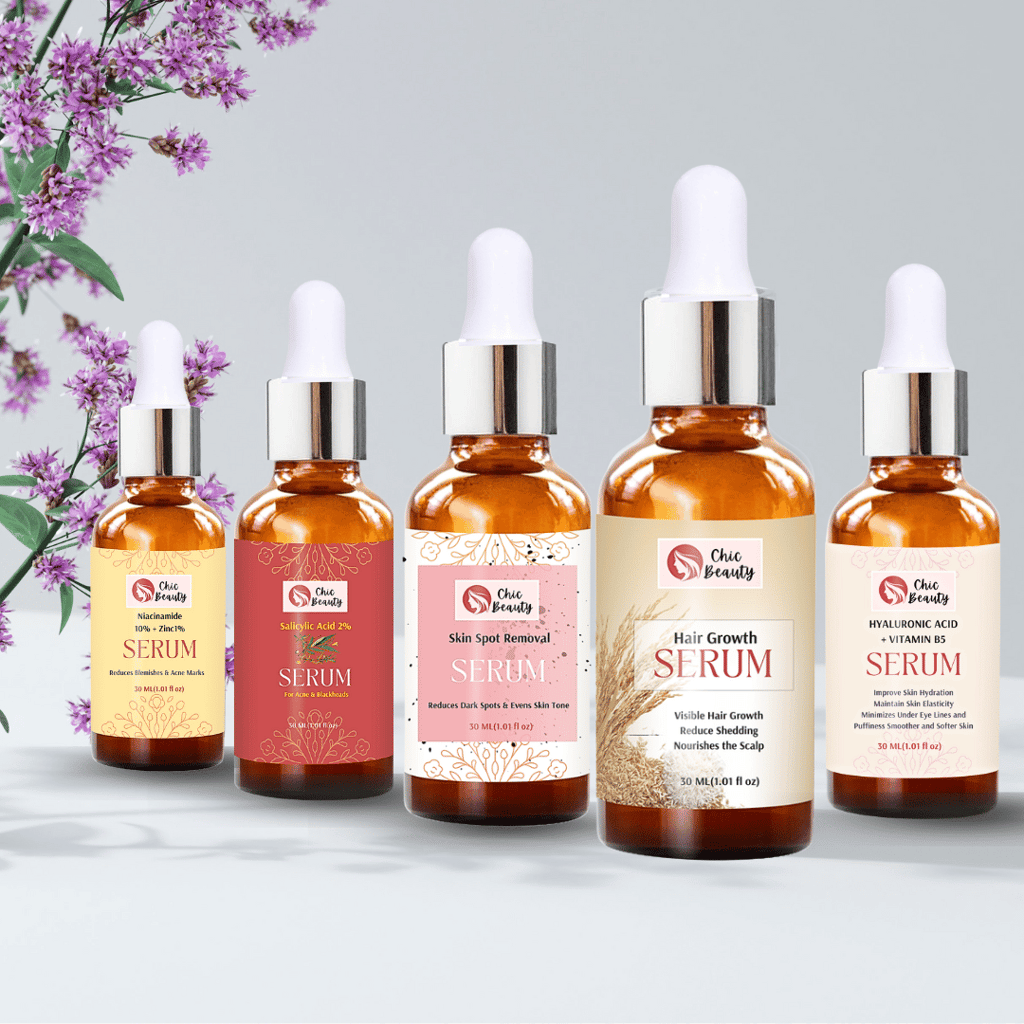 Chic Beauty Combo Serum Kit (Hair Growth Serum 30ML + Hyaluronic Acid & Vitamin B5 Serum 30ml + Niacinamide 10% & Zinc 1% Serum 30ml + Salicylic Acid 2% Serum 30ml + Skin Spot Removal Serum 30ml)