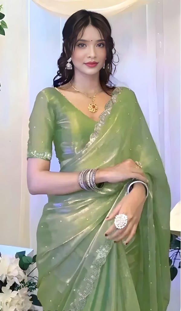 Women's Sage Green Organza Silk Saree with Sequins Work | Designer Party Wear Saree with Matching Blouse Piece | Elegant Ethnic Wear view 2