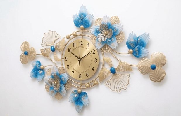 Royal Azure Blooms Metal Wall Art Clock – 3D Floral Design with Gold Accents view 2