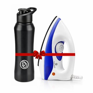 Double Safety Blue Phuket Dry Iron 1000W with Stainless Steel Water Bottle Combo | Heavyweight Iron for Clothes | Leak-Proof Bottle | 2-Year Warranty | Value Saving Combo