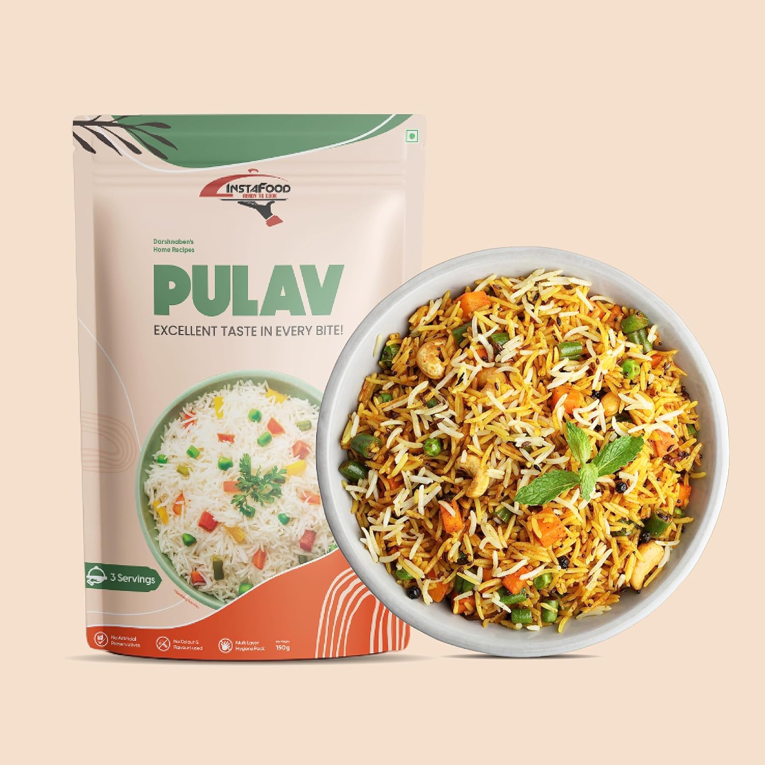 INSTAFOOD Pulav | Ready to Eat Meal | Ready to Cook | 3-4 Servings | After Cooking Gets 500 gm to Serve | Zip Lock Packaging | Vegetarian Meal|Easy to Make Just Add Water and Cook, 150 gm view 2