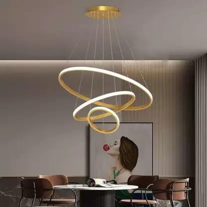 SPARKWORLD Modern Spiral Ring LED Chandelier | Gold Finish 3-Tier Hanging Light for Dining Room, Living Room & Hotels | Colour: RIng Jhumar Gold view 2