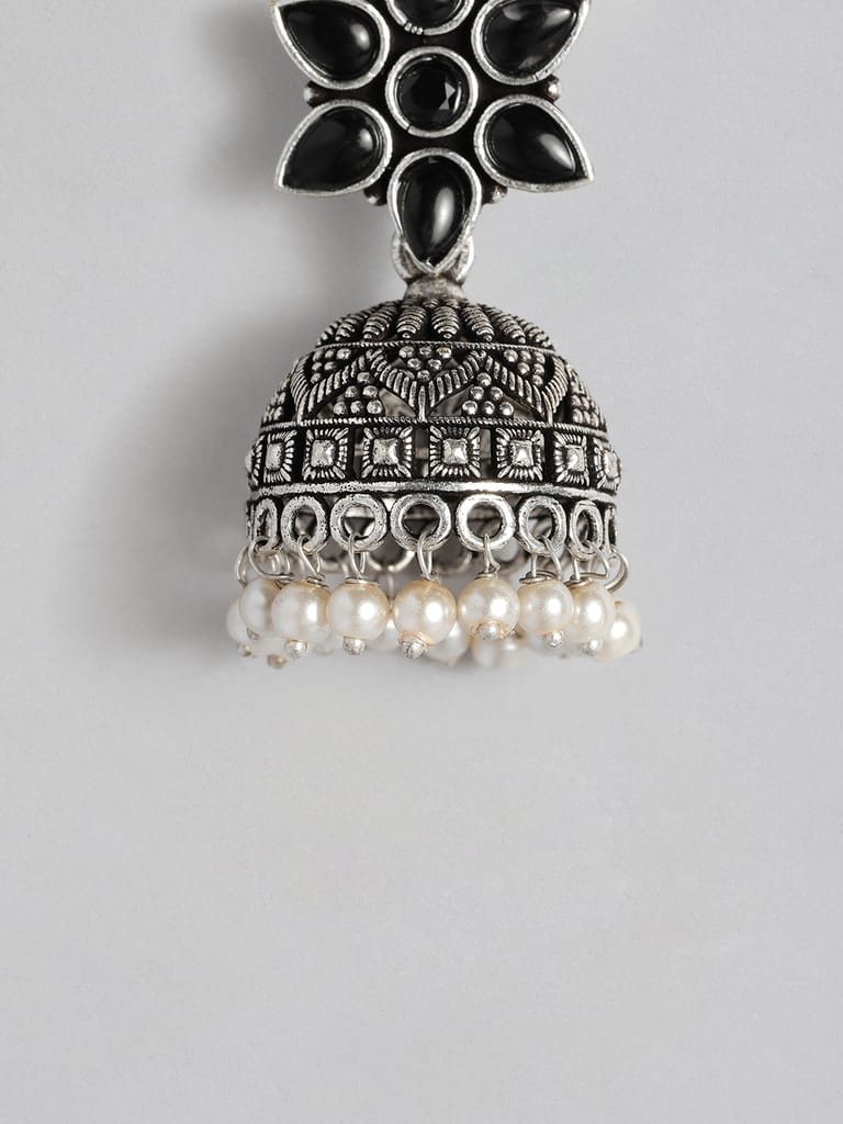 Black Flower Pearl Jhumka Earrings view 2