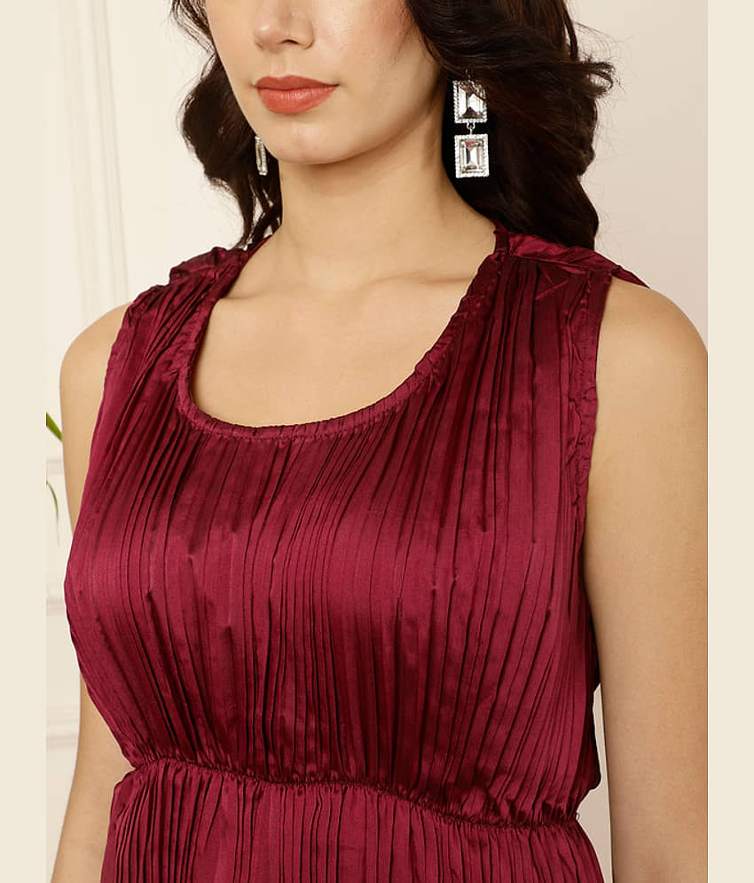 Antaran Women Silk Solid Fit & Flare Dress ( Maroon ) view 2