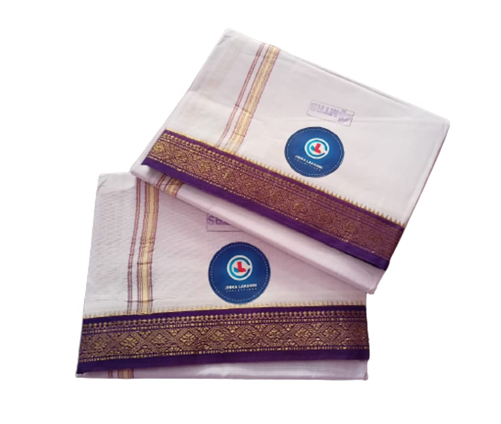 Jinka Lakshmi Collections Handloom White Cotton Dhoti With Big Borders 4 Meters Unstitched Pack of 2 (Multicolor-6) view 2