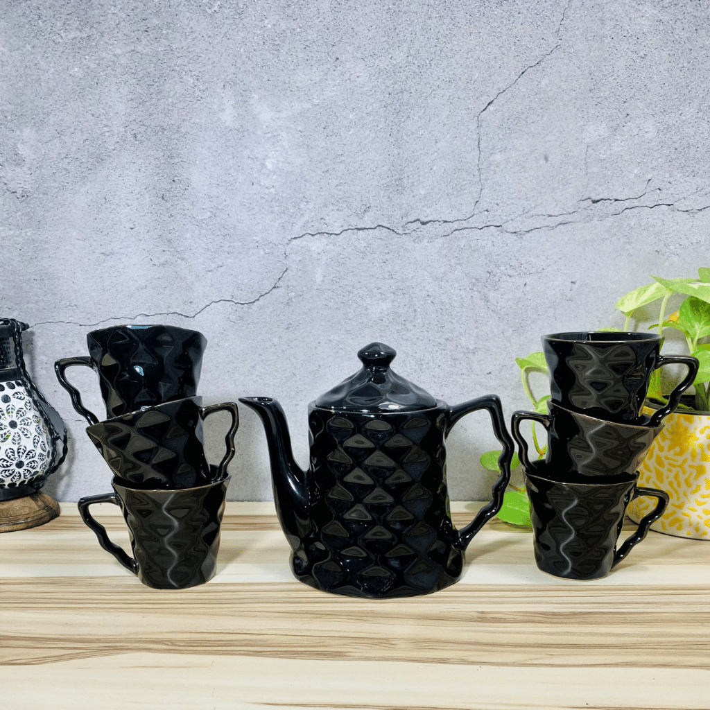 Homefrills Handcrafted Diamond Pattern Ceramic Tea Kettle Set with 6 Cups(150ml), 1 Kettle(400ml)ceramic Good Morning Tea Set- Set of 7 colour-Black,Microwave Safe view 2