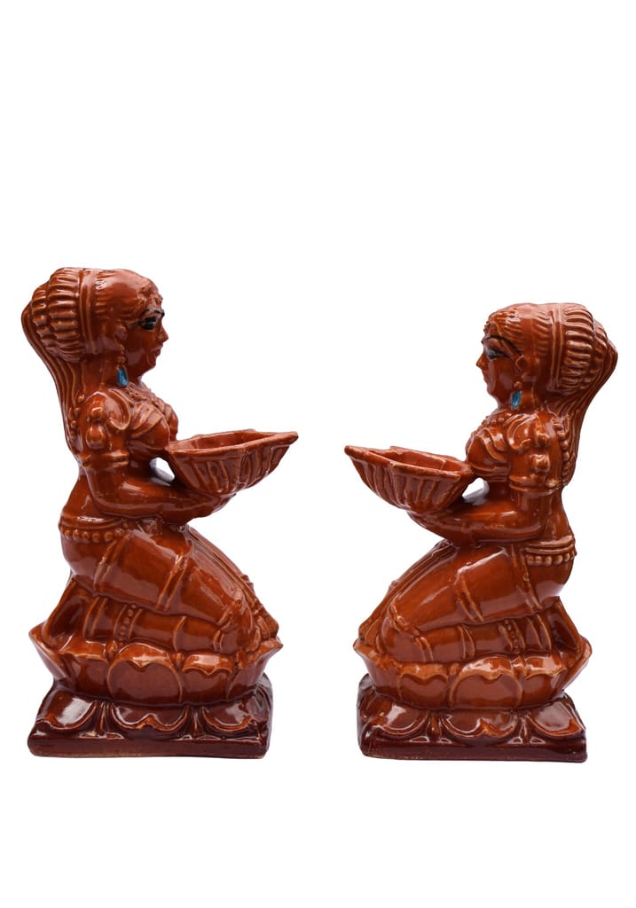 Terracotta Decorative Lady Figurines with Diya Holders - Set of 2 view 2