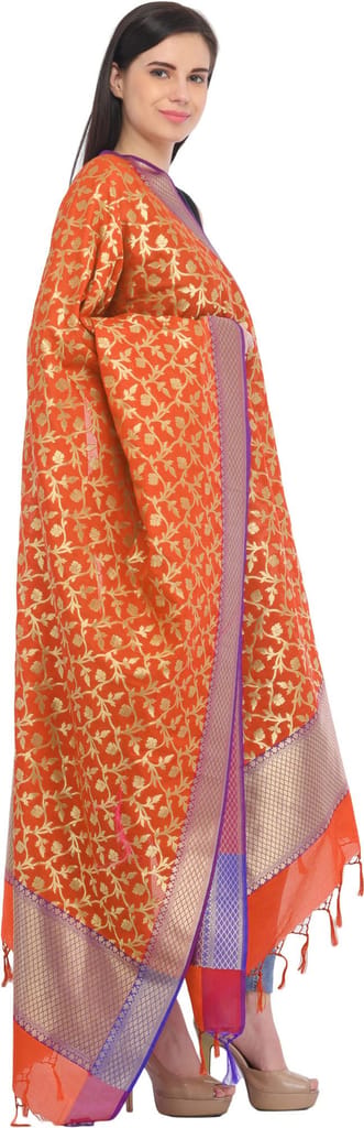 Mandarin-Orange Banarasi Brocaded Zari Thread Dupatta with Floral Weave view 2