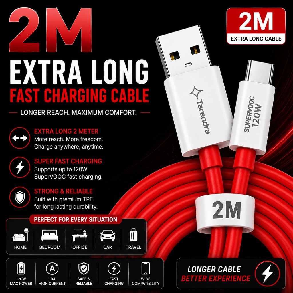 Tarendra 120W 10A USB to Type C Fast Charging Cable 2 Meter | Unbreakable TPE SuperVOOC Data Cable | Fast Charge & Data Sync for OnePlus Oppo Realme Vivo Xiaomi Samsung Type C Devices view 2