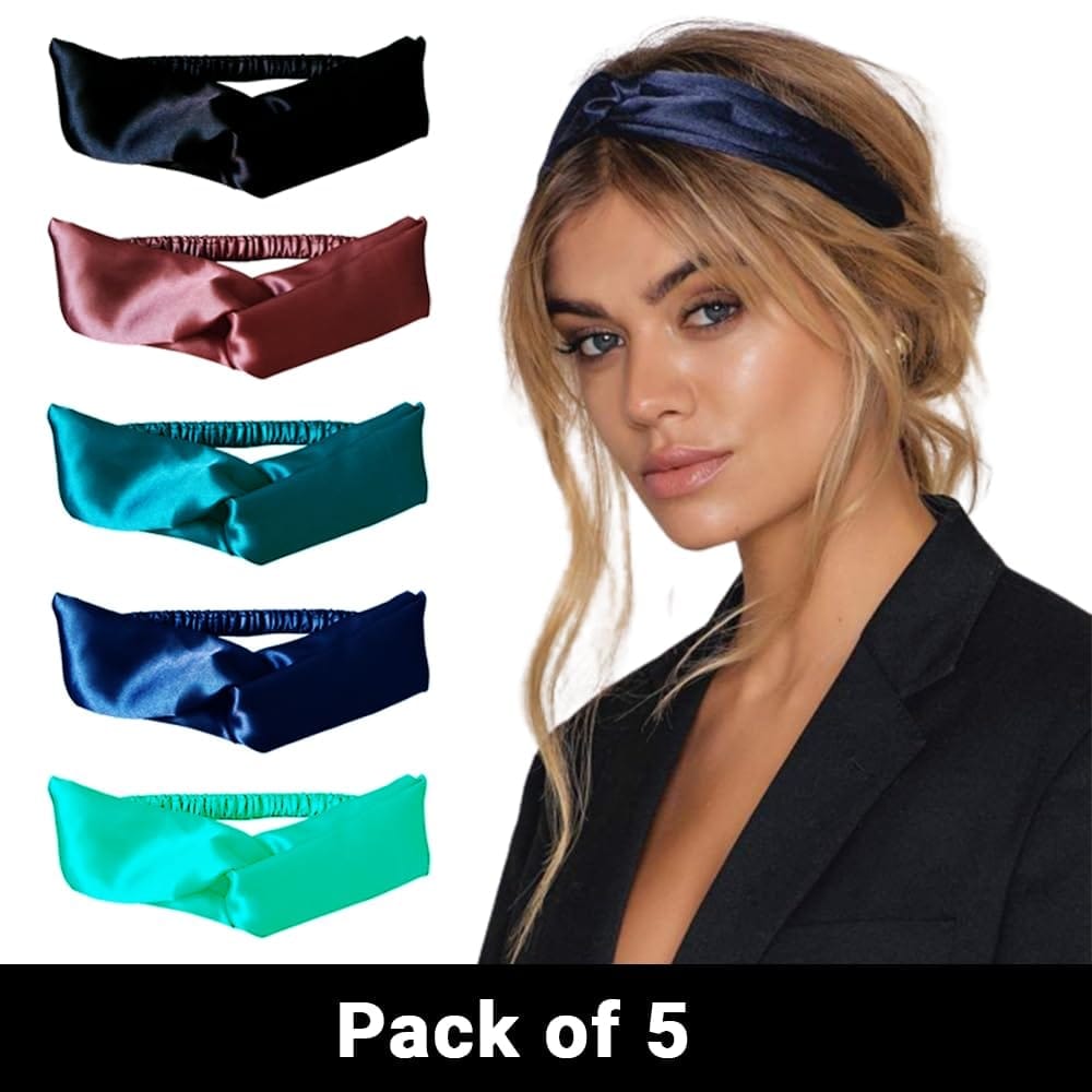 Premium Diamond Satin Hair Band for Women| Satin Hair Band for Hair & Skin| Silk Hair Band (Pack of 5) | Hair Accessories Women Satin Hair Band for Women with Stretchable Elastic Knot view 2