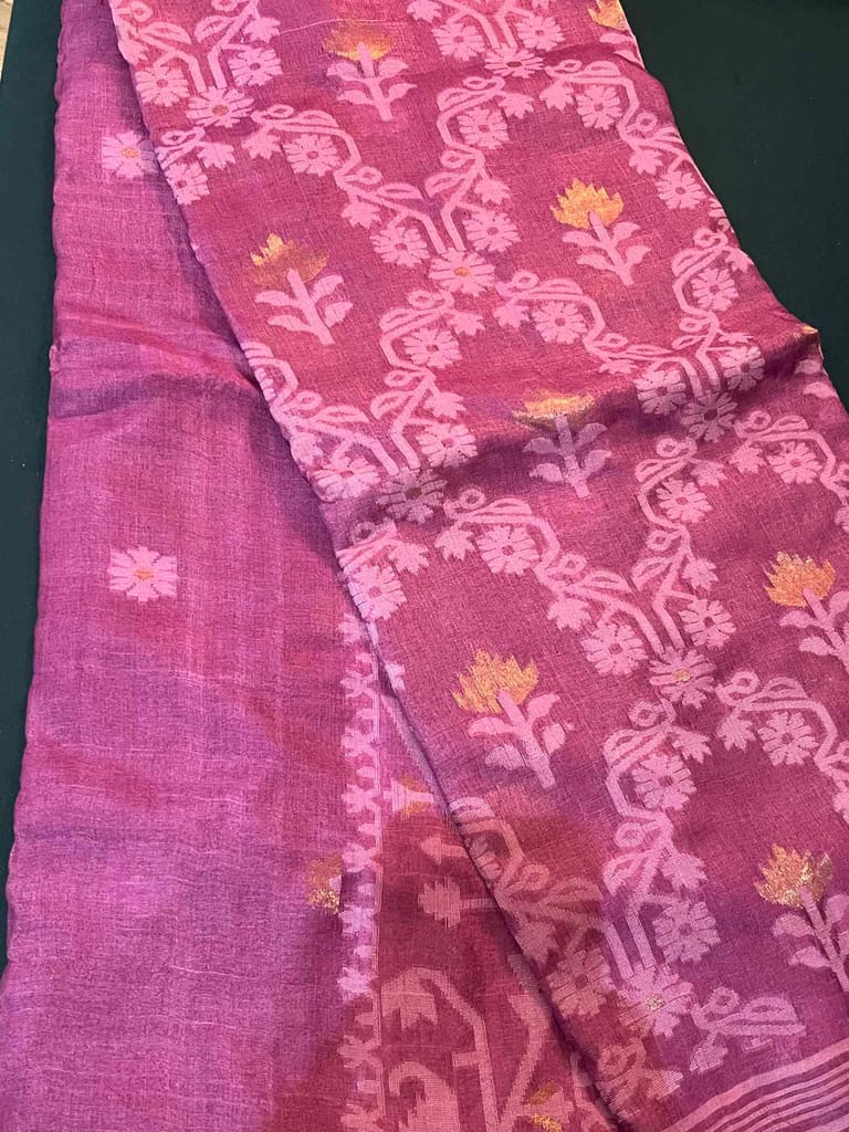 Tussar Silk Jamdani Saree in Pink view 2