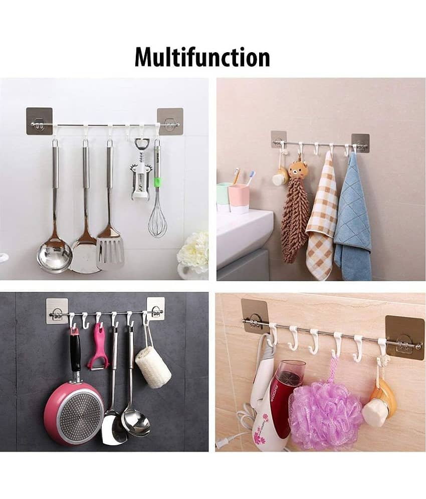 Mr Bhoot Self Adhesive Kitchen Hanger Hook Rail With 6 Hook, Multipurpose Strong Sticky 10 Kg Capicity Wall Mounted Self Adhesive Kitchen Towel Hanger Hook,Steel Road And ABS Plastic 6 White Hooks view 2