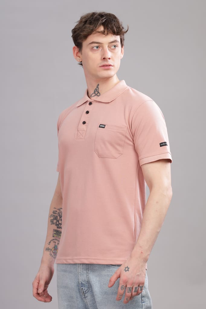 Men Solid Polo Neck Poly Cotton Pink T-Shirt view 2