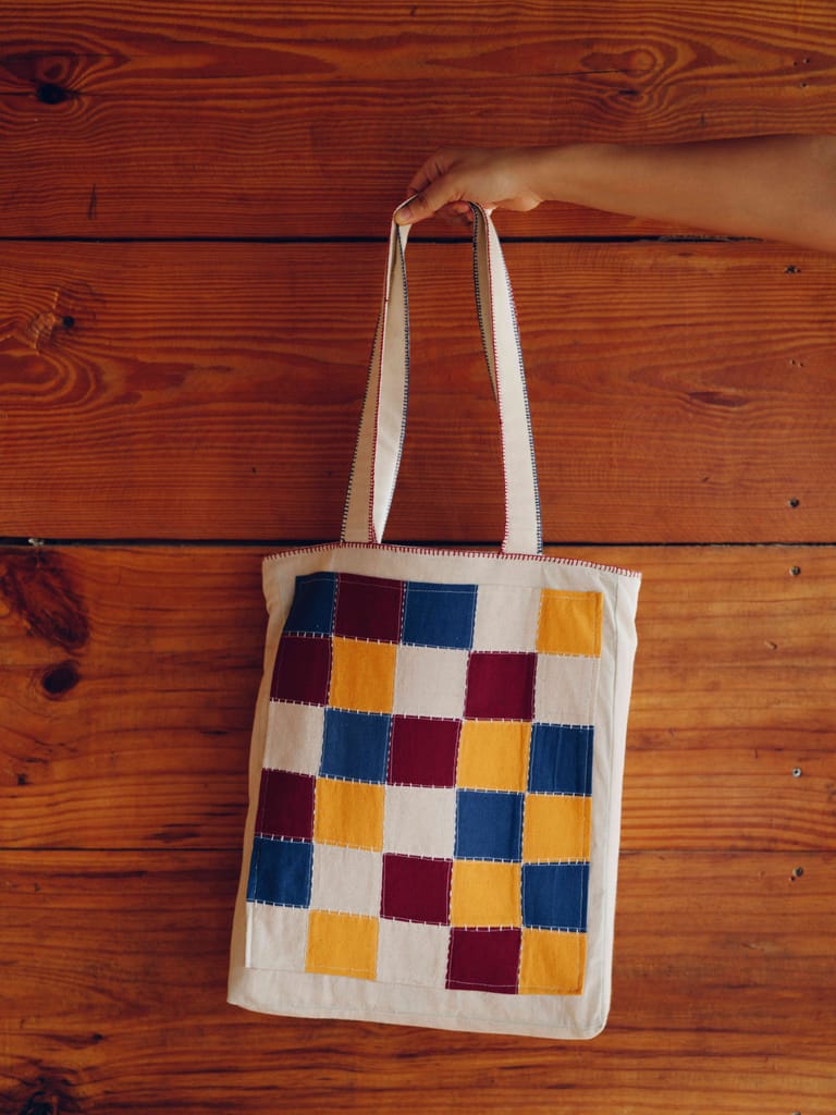 Handmade Cotton Checkered Patchwork Tote Bag with Straps