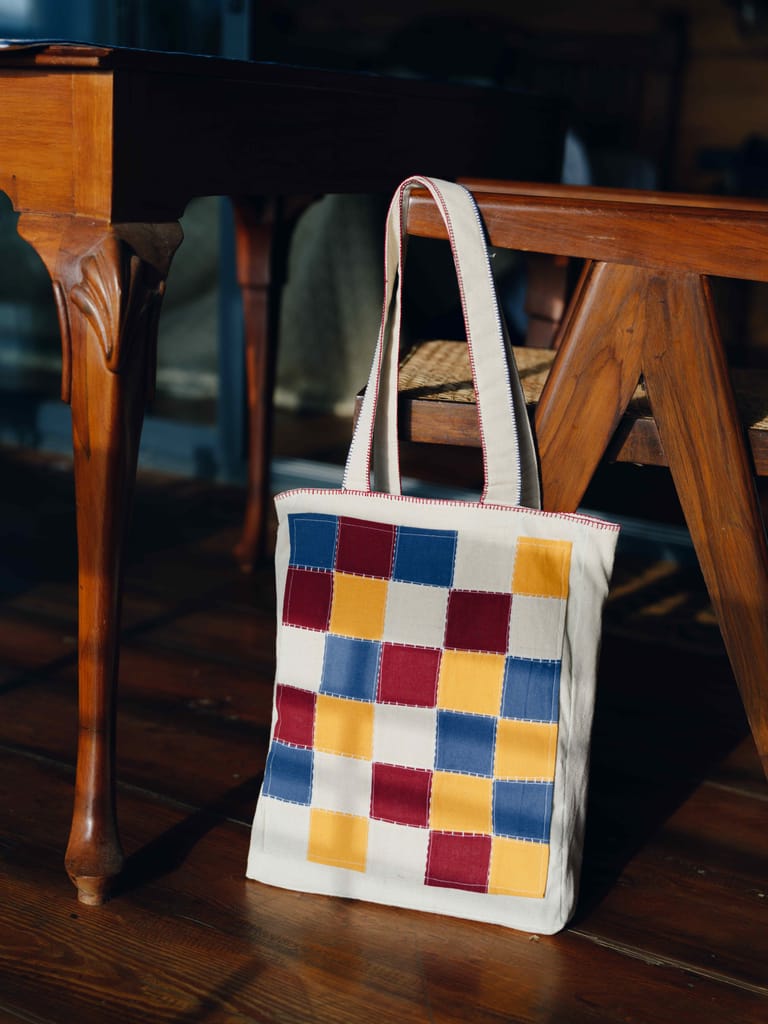Handmade Cotton Checkered Patchwork Tote Bag with Straps view 2