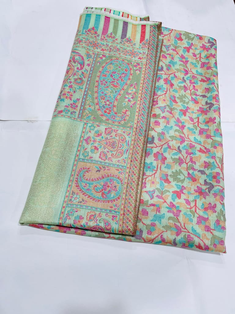 Floral Paisley Print Shawl, Mint Green with Multicolour Border, Traditional Design view 2