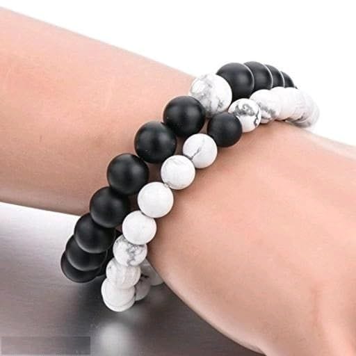 Aarohi13 Bracelets Multi Layer Tiple Protection Stone Beads Couple-Combo Matching Best Friend Relationship Couple Bracelet White and black 2 Pcs view 2