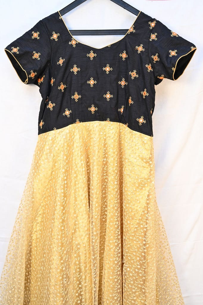 Black and gold embroidered net gown view 2