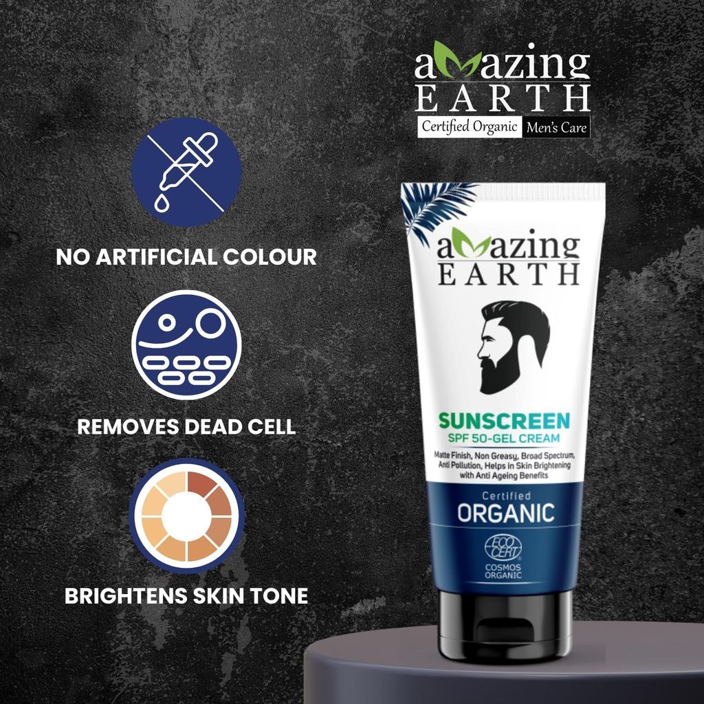 AMAzing EARTH Sunscreen for Men - SPF 50 Gel Cream Certified Organic with Zinc Oxide, Aloe Vera & Macroloba Seed Oil, for Sunburn & Suntan, Matt Finish, Anti-Aging, Silicon & Paraben Free, 100gm view 2